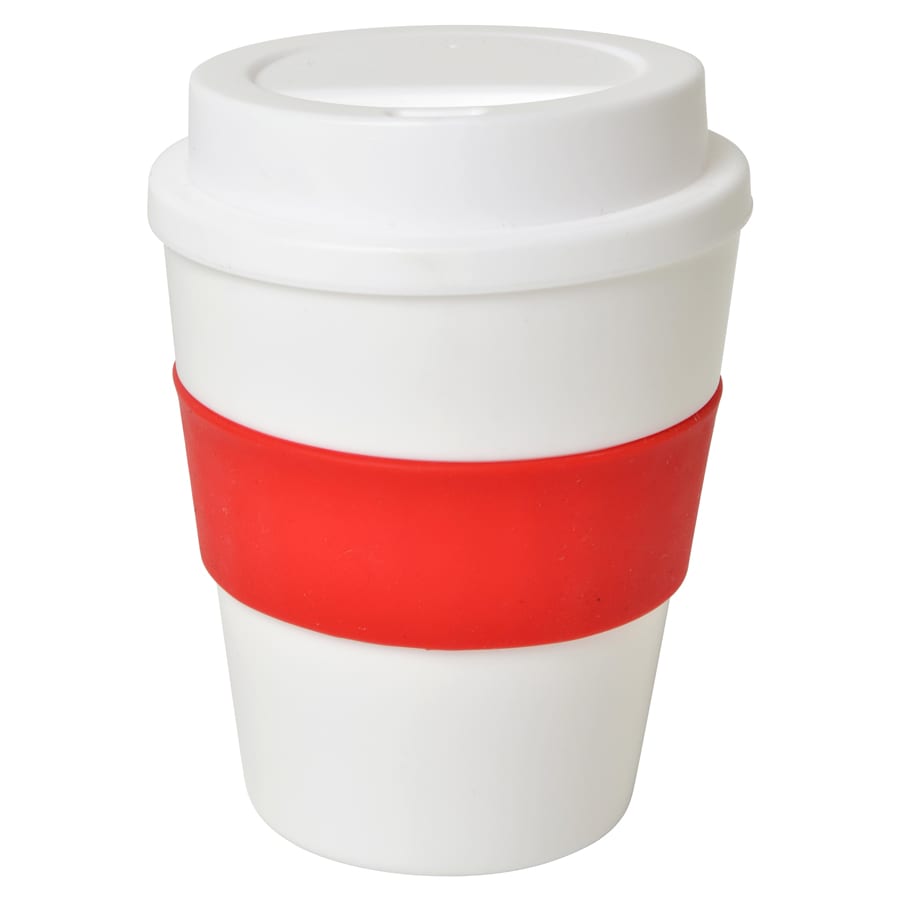 A large, white drink cup with a red silicone band. Features a lid and has a logo.