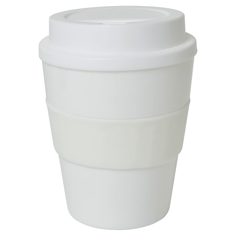 A drink bottle in white with a silicone grip band and a snug-fitting lid. Features a logo on the side.