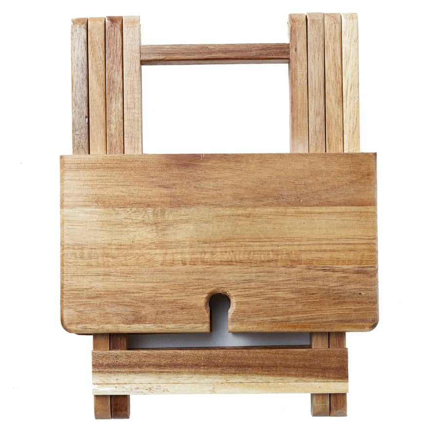A foldable cheese and wine board in natural wood tones, featuring multiple slats and a slot for easy carrying.