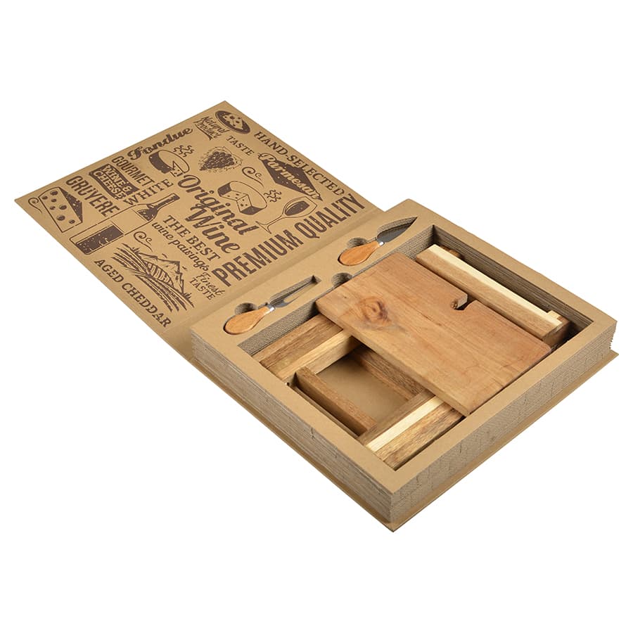 A foldable cheese and wine board in natural wood, featuring utensils and a decorative box with various designs.