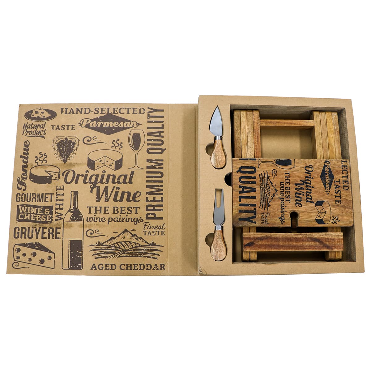 A foldable cheese and wine board set in natural wood, featuring utensils and decorative engraving. Includes a branded logo.