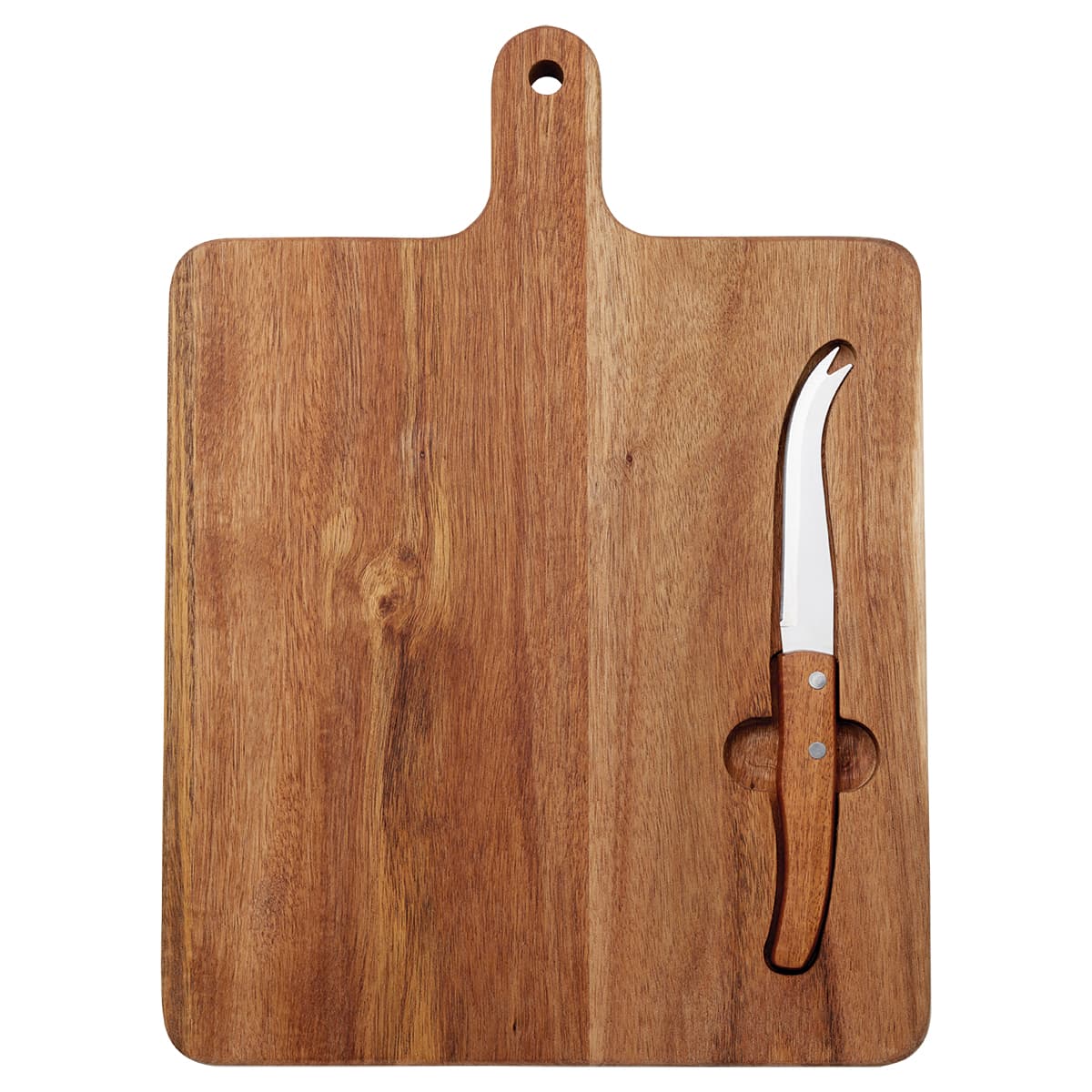 A wooden cheeseboard with a curved knife resting in a cut-out section, showcasing a natural finish and a handle.
