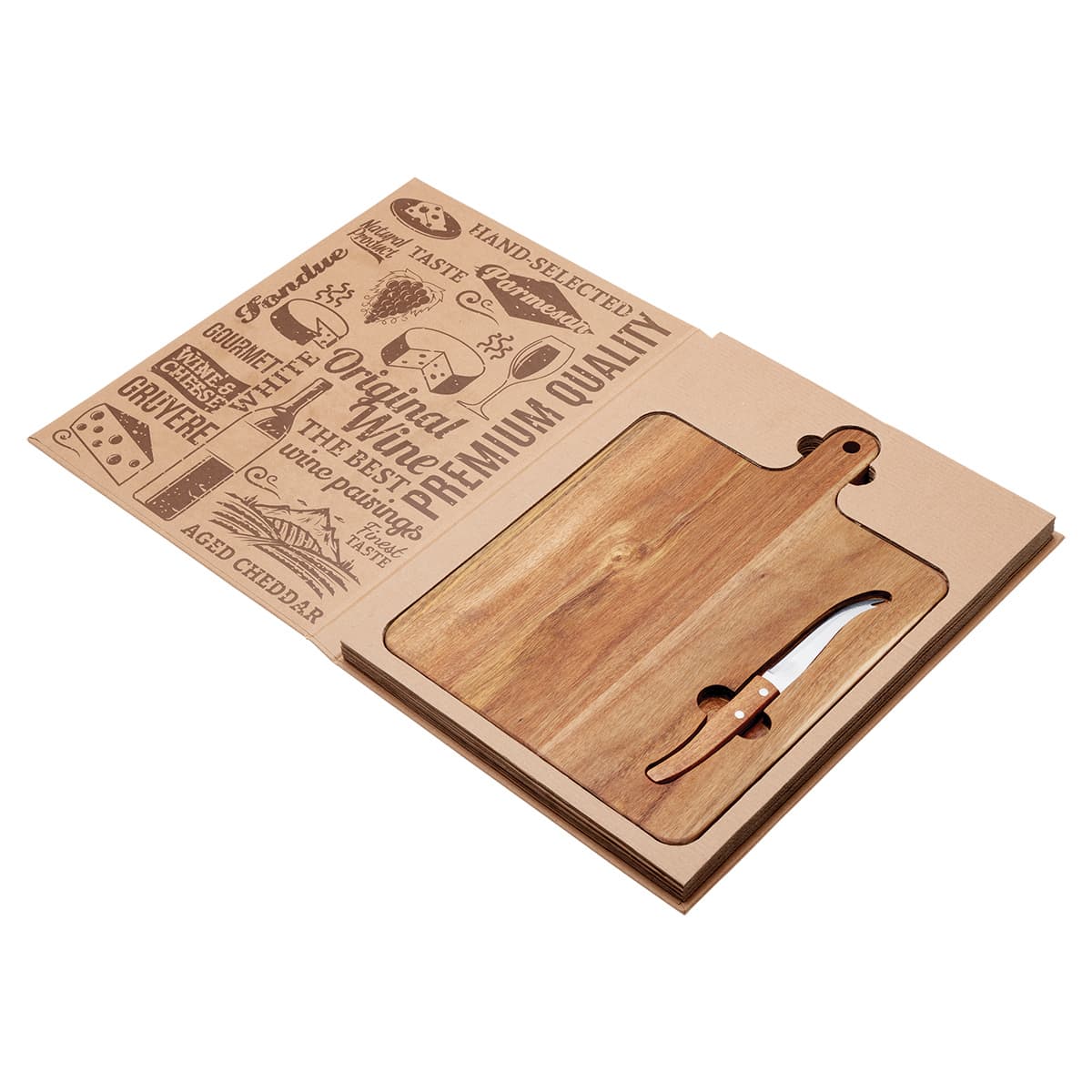 A wooden cheeseboard with a knife, presented in a kraft paper box featuring various designs and a logo.