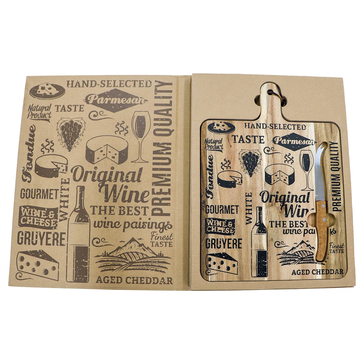 A wooden cheeseboard featuring cheese and wine illustrations, with earthy tones and a branding logo.