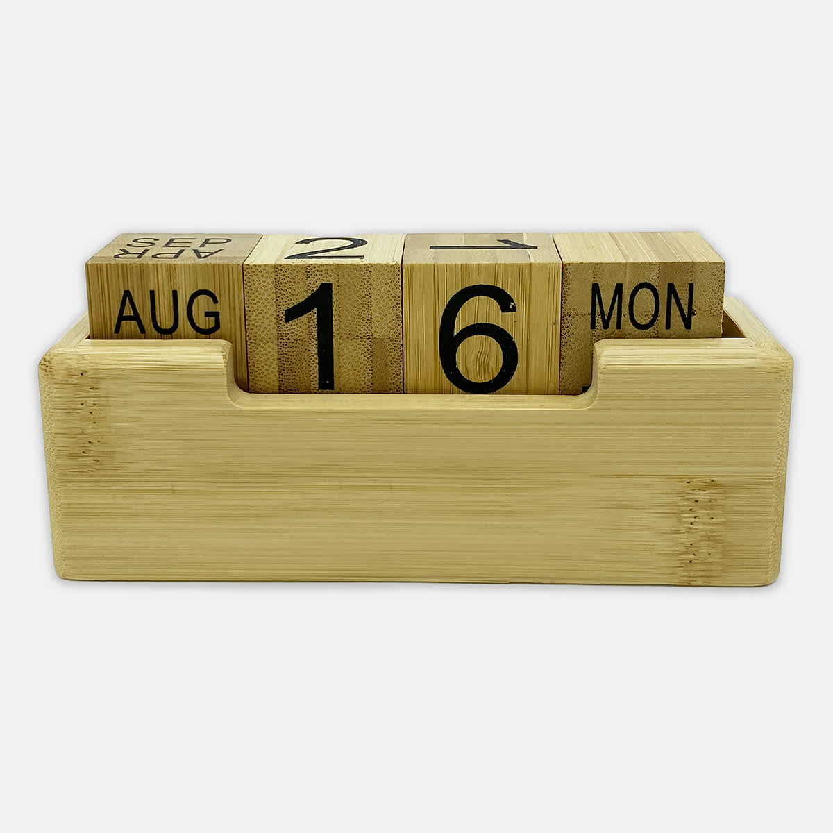A bamboo perpetual calendar with wooden blocks displaying the date and month, housed in a rectangular base.