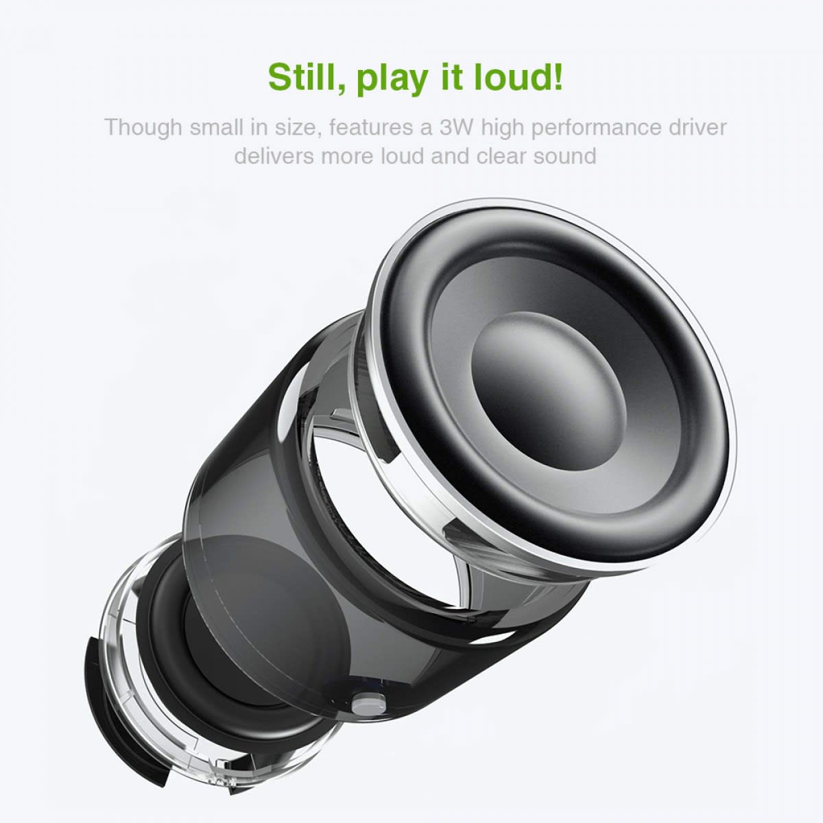 A black and silver OBI Bluetooth speaker, highlighting a transparent design and a prominent driver for enhanced sound.