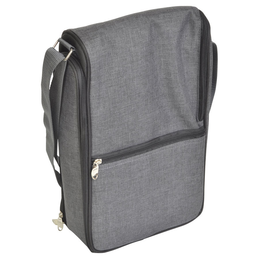 A grey wine sling bag with a zipper and adjustable shoulder strap, featuring a front pocket and a sleek design.