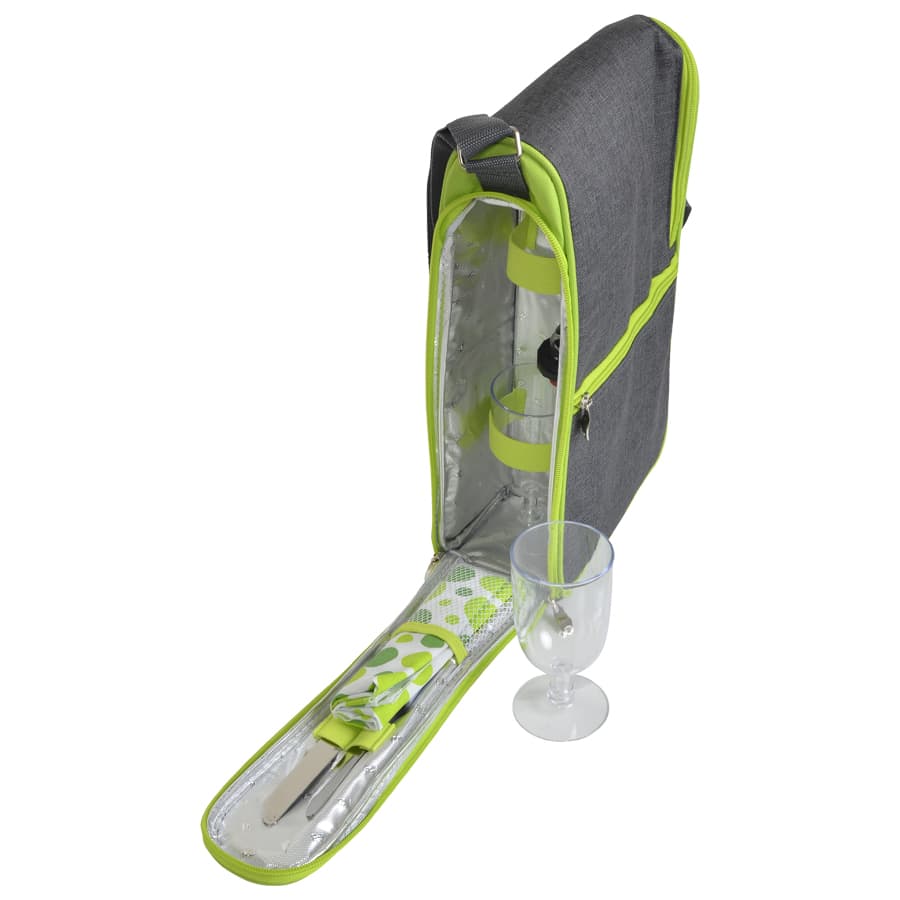 A grey insulated wine sling with bright green accents, includes a wine glass and compartments for bottles.