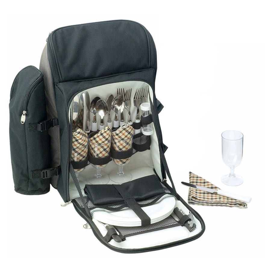 A black picnic backpack with utensils, glasses, plates, napkins, and a bottle holder. It features a checkered pattern on the holders.