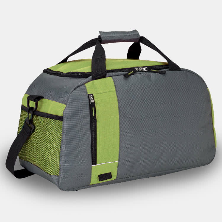 A grey and lime green duffle bag with black accents and a mesh pocket, featuring a logo on the side.