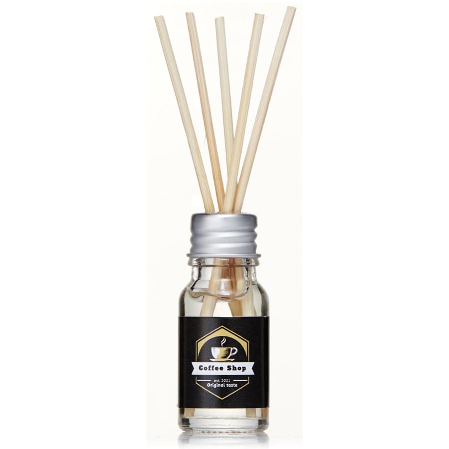 A 10ml clear glass reed diffuser with wooden sticks and a black and silver label featuring a logo.