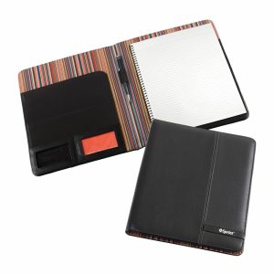 A black A4 pad folio featuring a striped interior, a notepad, and storage pockets for cards and documents.