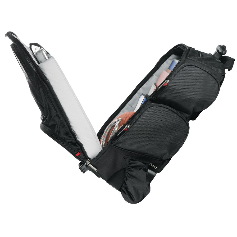 A black wheeled backpack with multiple compartments and a retractable handle. It features a logo on the front.