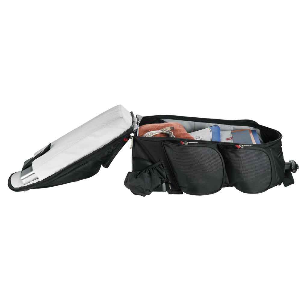 A black wheeled backpack with multiple compartments, showcasing interior storage for a laptop and other items.