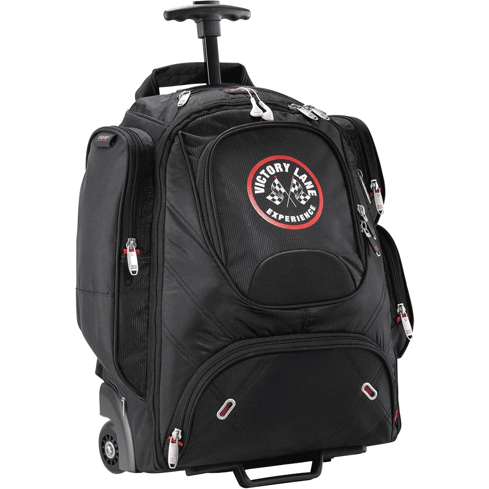 A black wheeled backpack featuring multiple compartments, including a padded section for a laptop and mesh pockets.