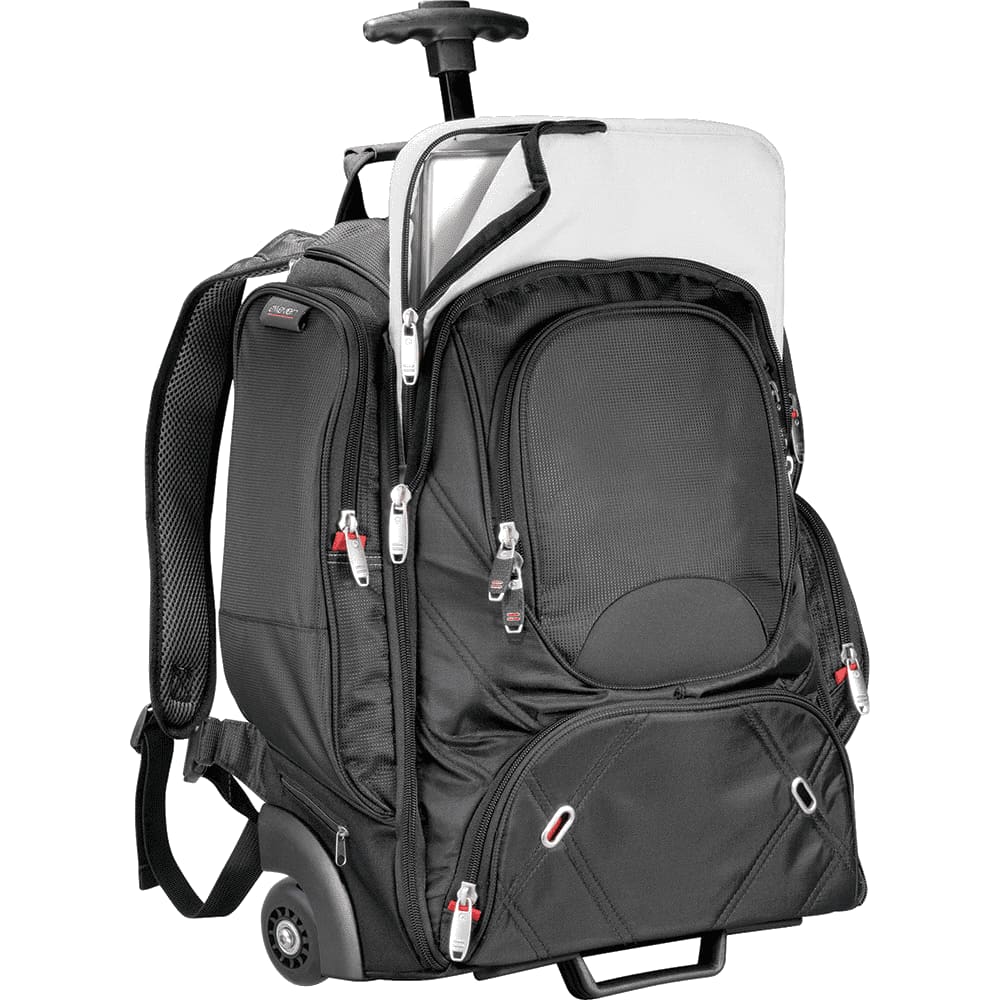 A black wheeled backpack with multiple compartments and a retractable handle, featuring a round logo on the front.