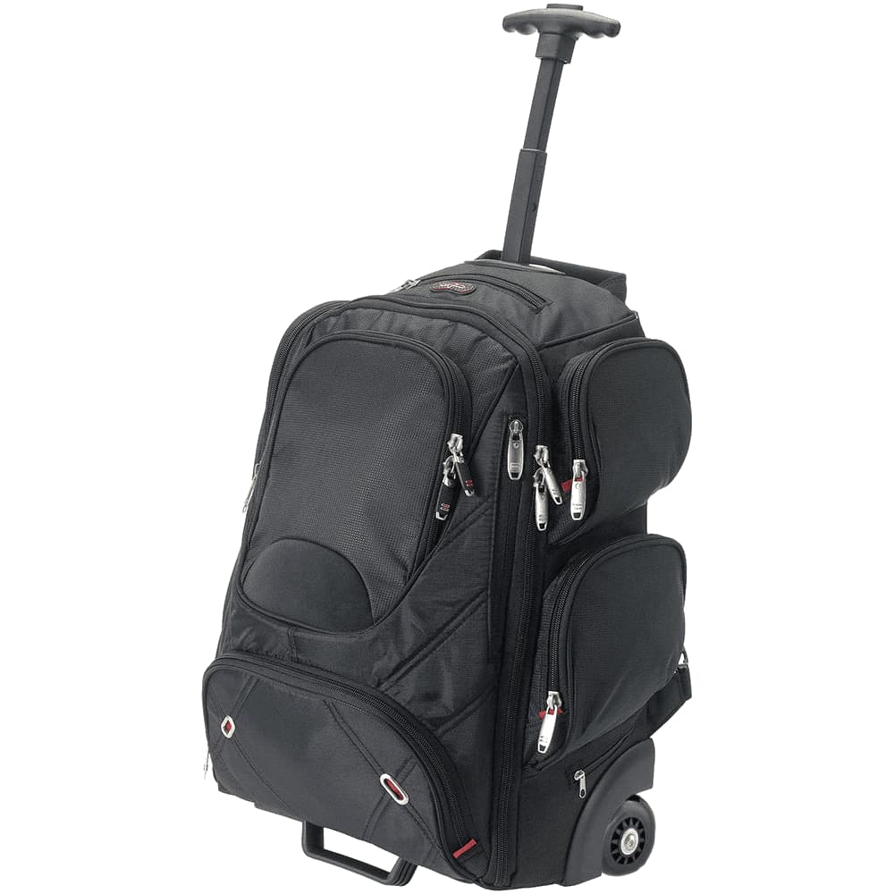 A black wheeled compu-backpack with multiple compartments and a retractable handle. It features a logo on the front.