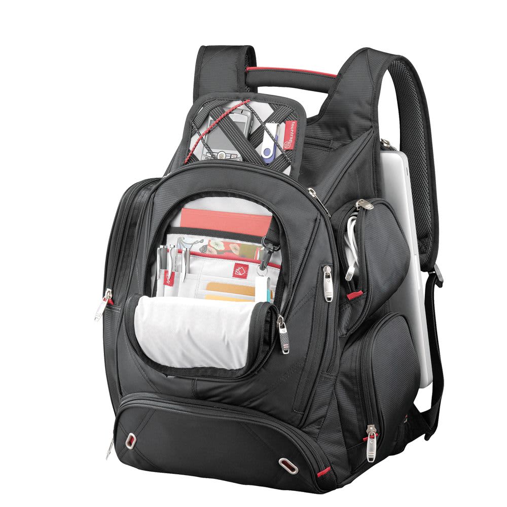 A black backpack with multiple compartments and mesh side pockets, featuring a branding logo on the front.