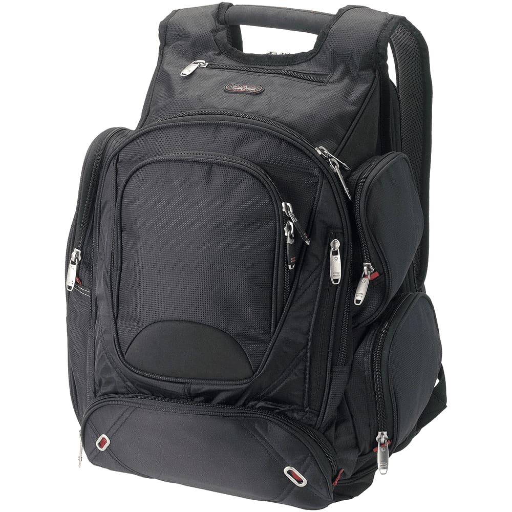 A black backpack features a sleek, textured design and a logo tag.