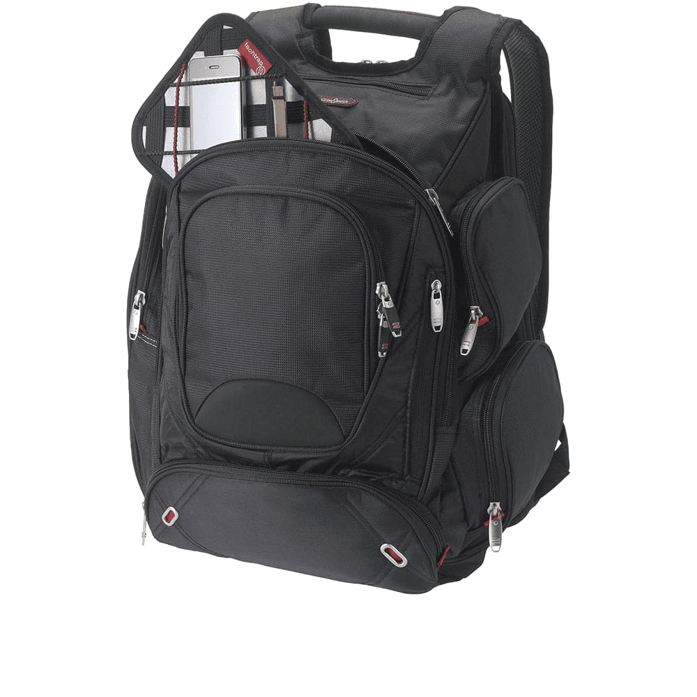 A black checkpoint-friendly backpack with multiple compartments and a flat opening for easy access.