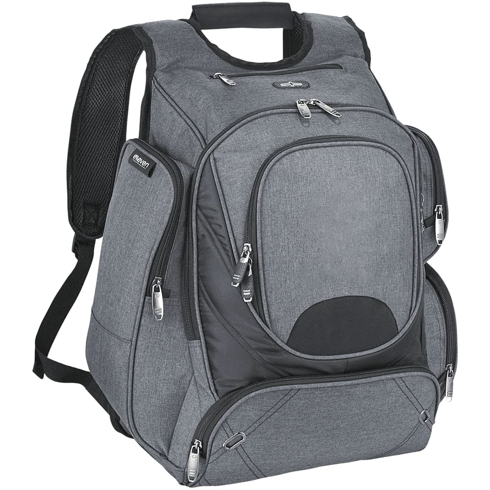 A black, checkpoint-friendly compu-backpack with multiple zippered compartments and a mesh side pocket.