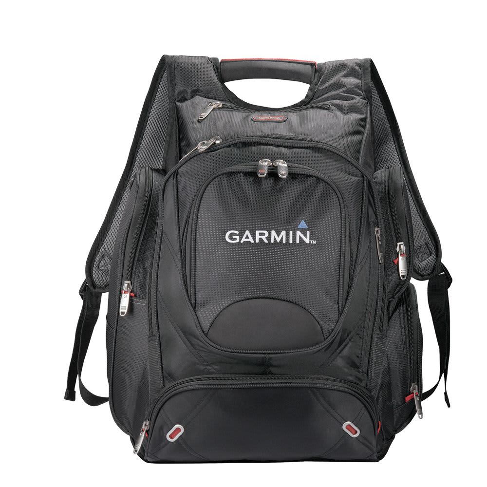 A black and grey compu-backpack featuring a retractable handle and a side pocket, set against a brick background.