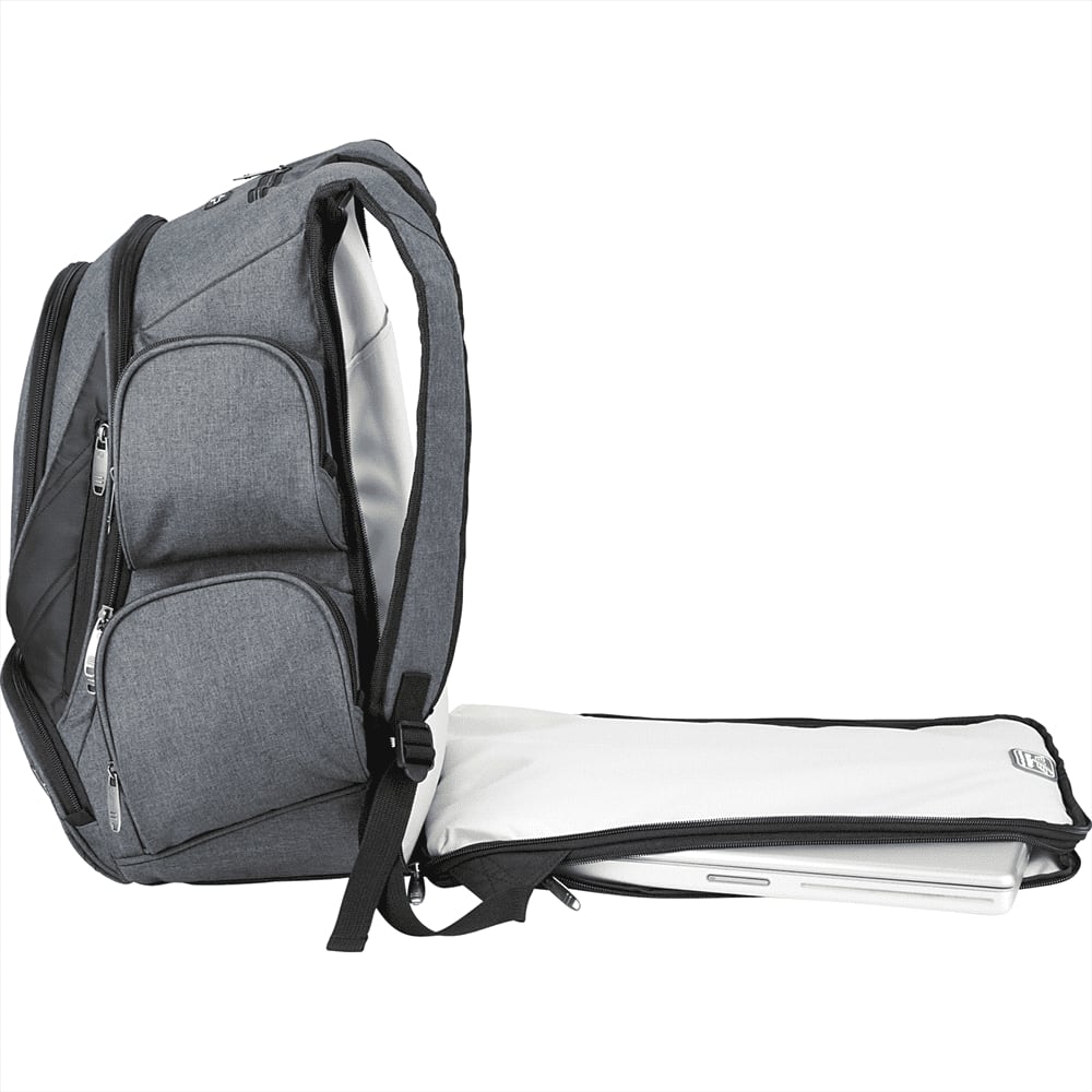 A black checkpoint-friendly backpack with multiple compartments and zippers, featuring a logo.