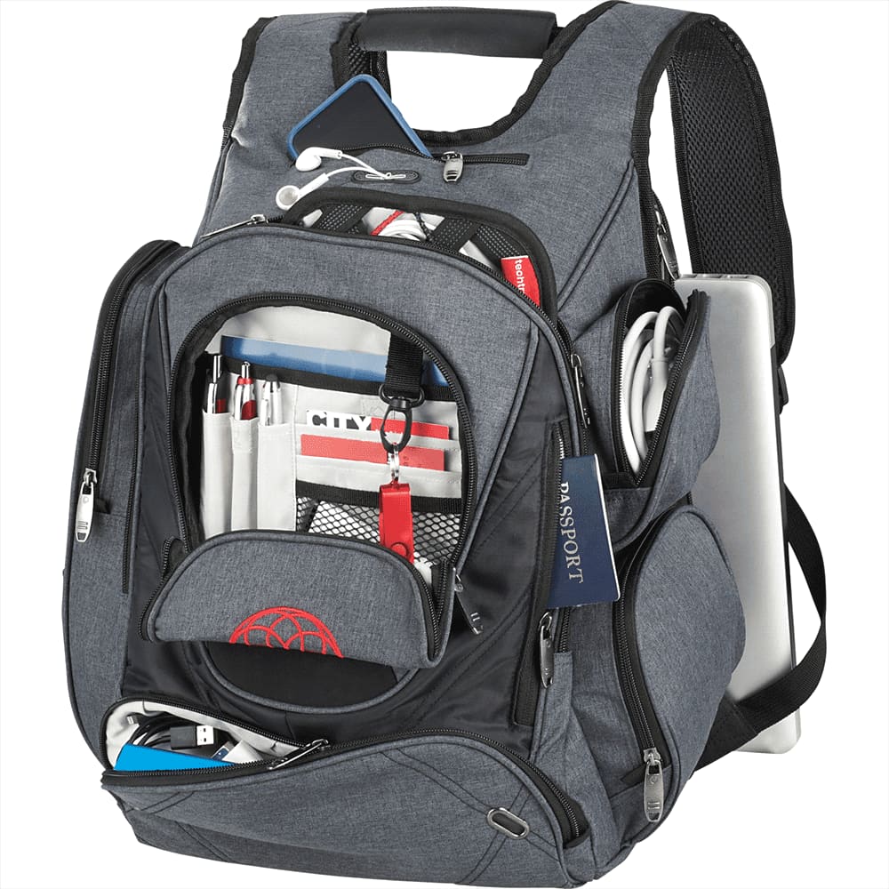 A black backpack with a trolley handle concealed in a side pocket, featuring a textured design and a logo.