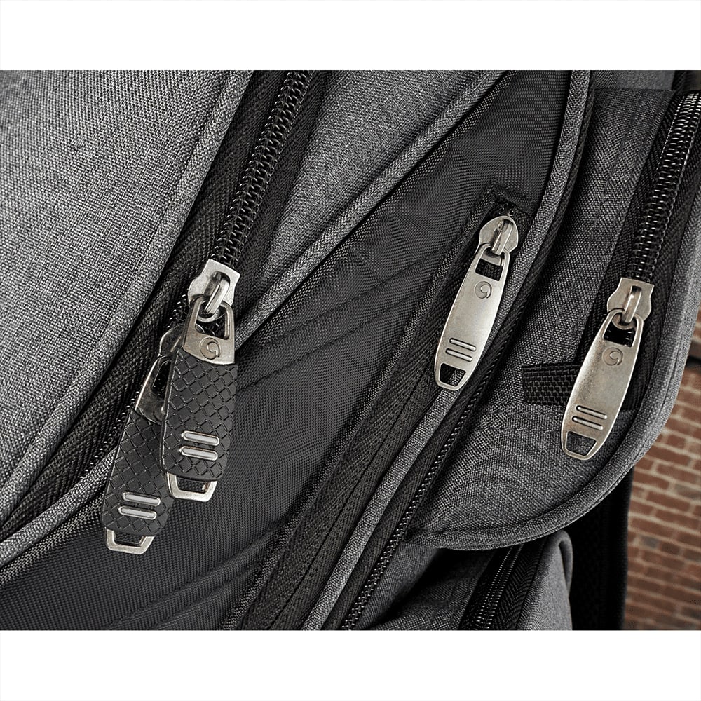 A grey and black checkpoint-friendly backpack with multiple compartments for tech and stationery items. It features a logo.