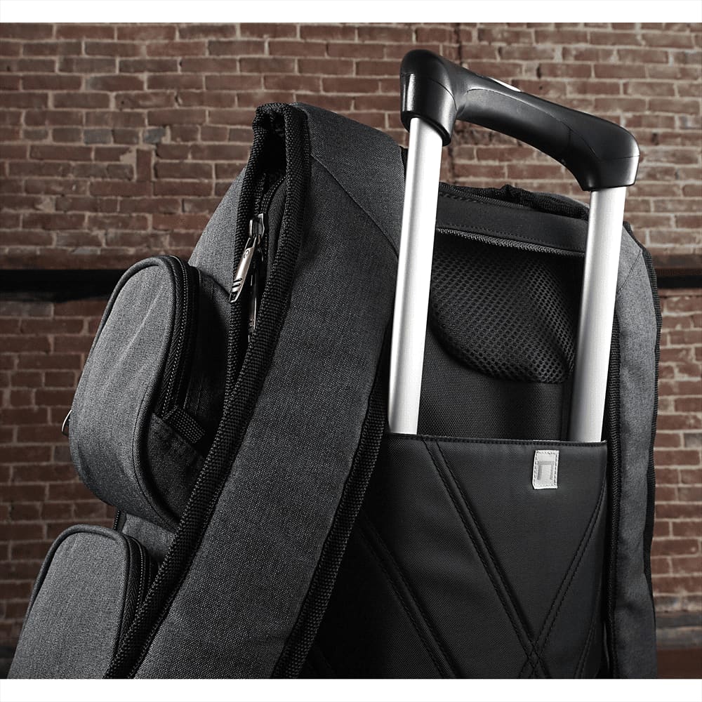 A grey backpack with multiple compartments, featuring a logo and padded straps for comfort.