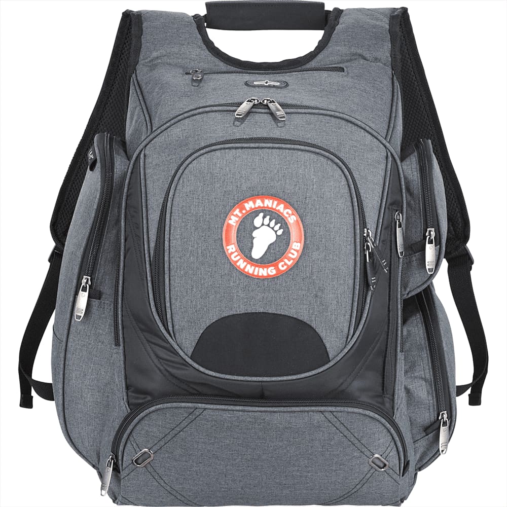 A black backpack featuring multiple compartments and zippers, designed to hold a laptop and other essentials.