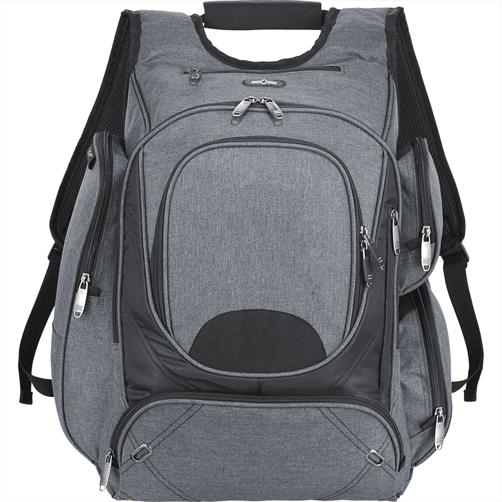 A black backpack with multiple compartments, zippers, and a laptop sleeve, featuring a logo on the front.