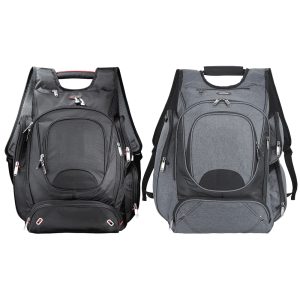 Two backpacks are displayed side by side: one in black and the other in grey, both featuring multiple zippers and compartments.