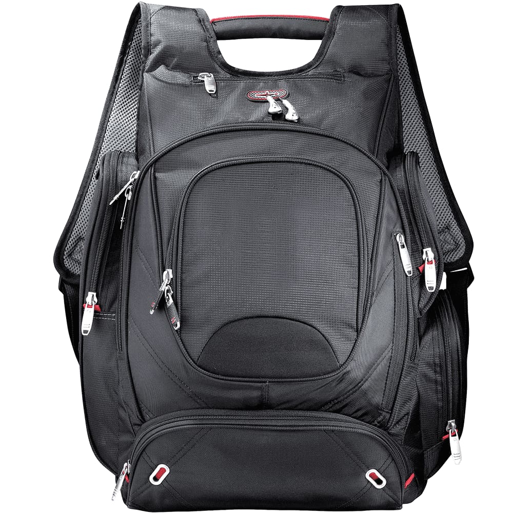 A black and grey checkpoint-friendly backpack with compartments, featuring a sleek design and a logo.