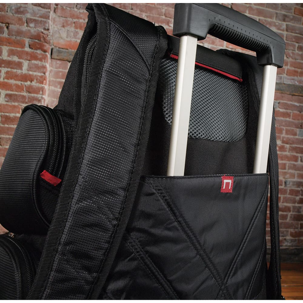 A grey, checkpoint-friendly compu-backpack with multiple zippered pockets and mesh side compartments. It has a logo.