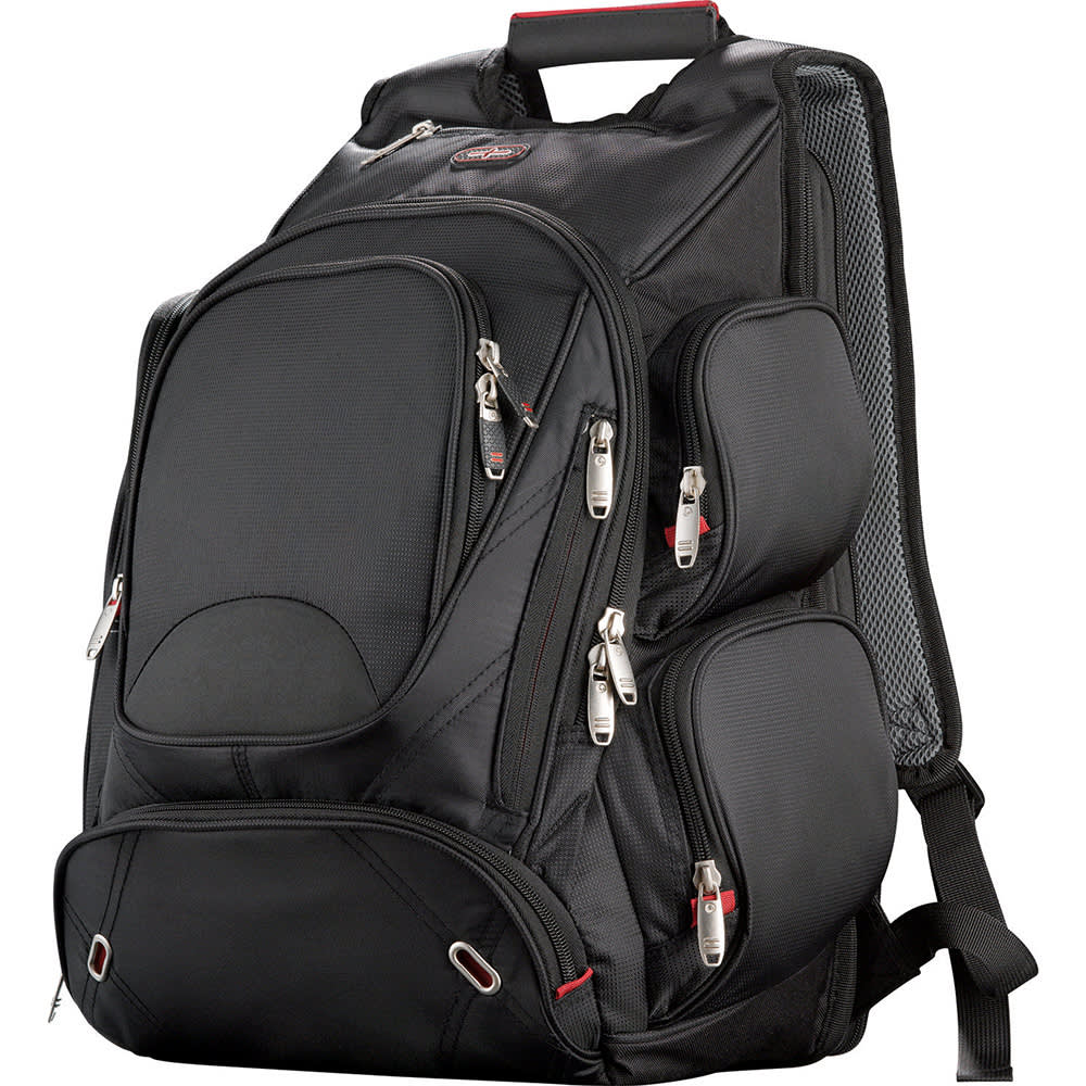 A grey backpack with multiple zippered compartments and a logo on the front. Designed to hold a laptop and other essentials.