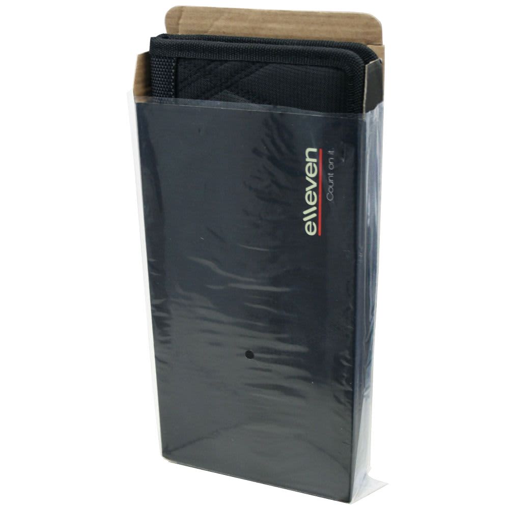 A slim black travel wallet packaged in a transparent cover, featuring a logo on one side.