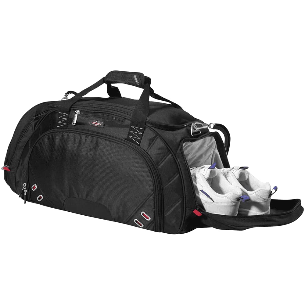 A black duffel bag with a shoulder strap, featuring multiple compartments and a logo.