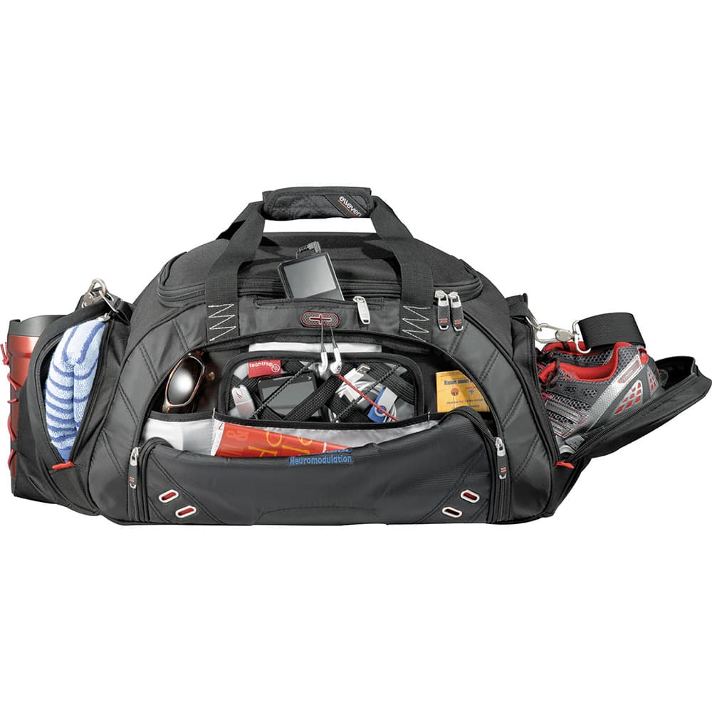 A black duffel bag featuring a side pocket for a drink bottle and multiple compartments, with a logo.