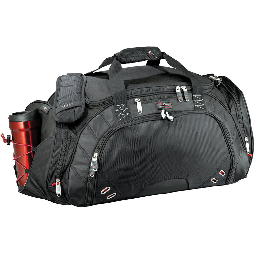 A black duffel bag with multiple compartments, featuring a logo and adjustable shoulder strap.