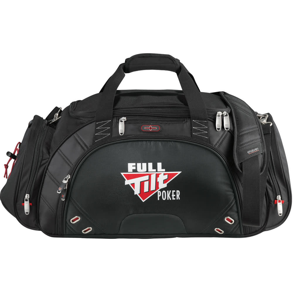A black duffel bag with various items visible inside, including a towel, shoes, and personal accessories.