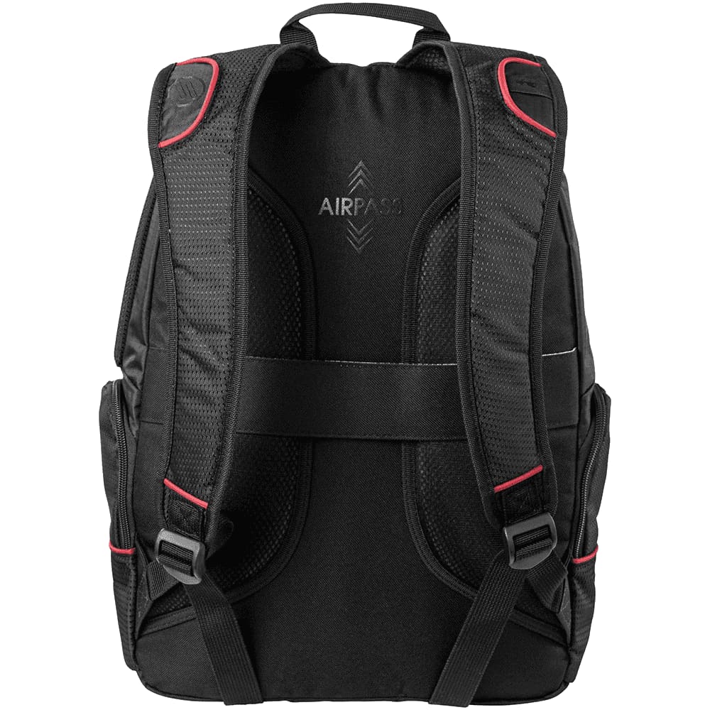 A black backpack with multiple compartments and pockets, featuring a logo on the front. Suitable for laptops.