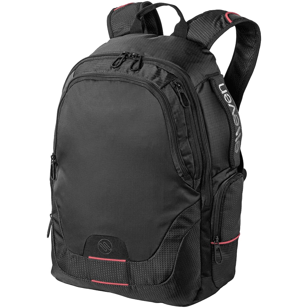 A black backpack featuring a textured strap and a logo. It has multiple compartments and zippers.