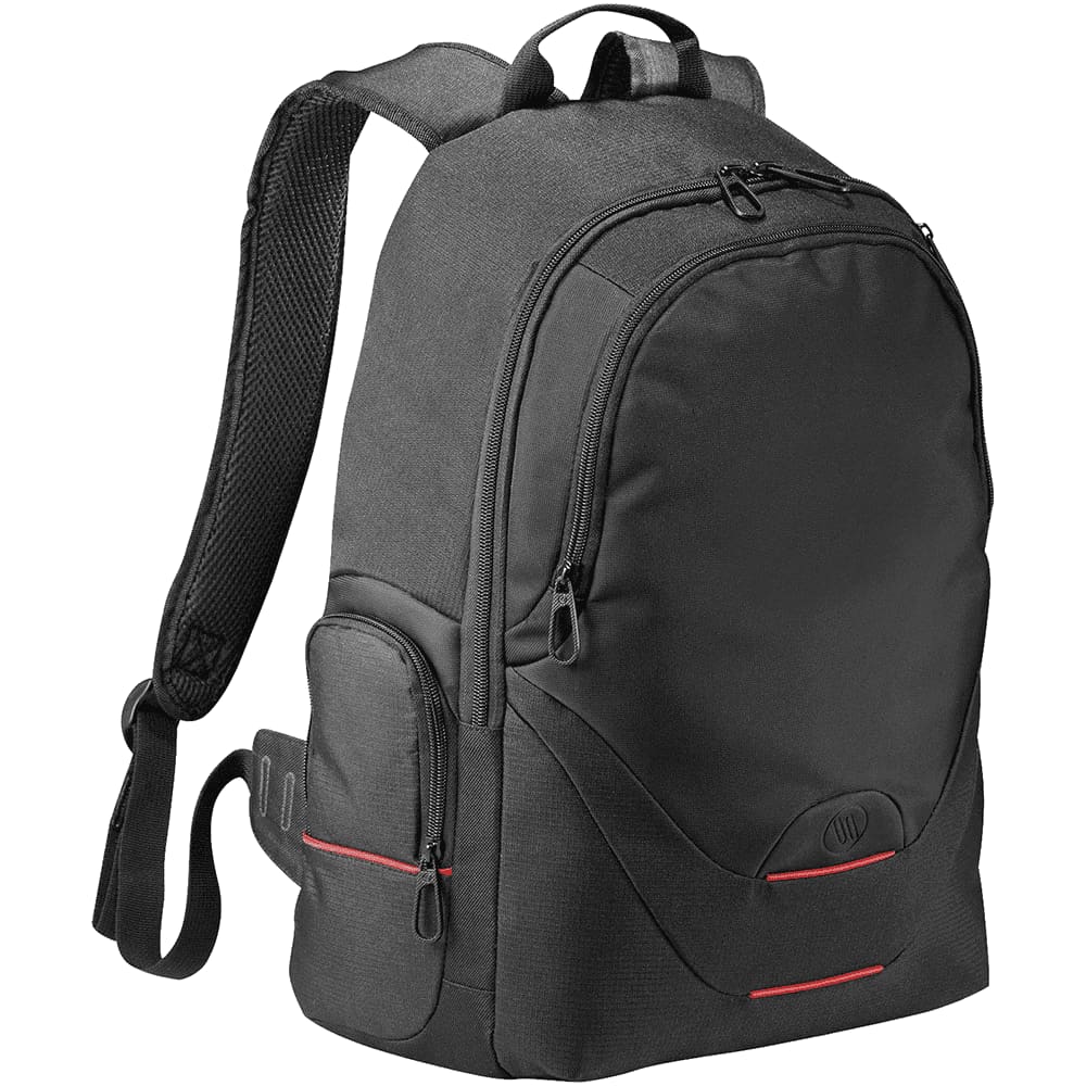 A black backpack with various compartments and a logo. It features padded shoulder straps and a sleek design.