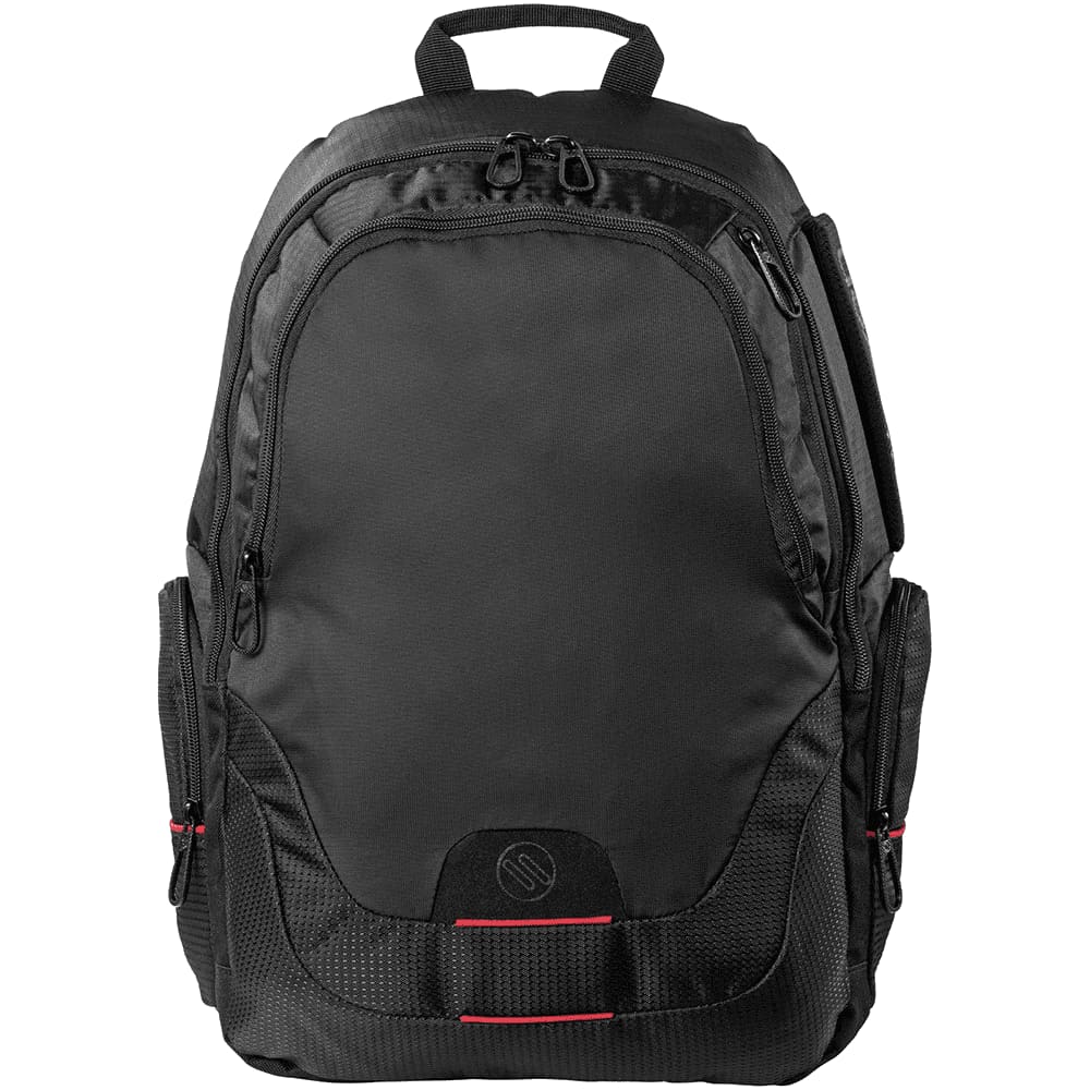 A black laptop backpack with multiple compartments, padded straps, and a logo on the front.