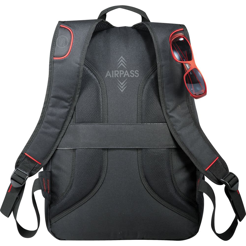 A black backpack with red accents, featuring padded straps and multiple compartments. It has a logo on the back.