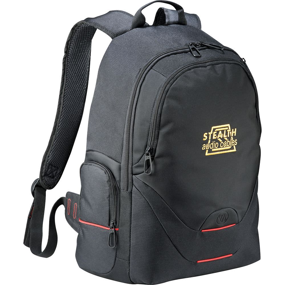 A black backpack featuring red accents and a branded logo on the back panel.