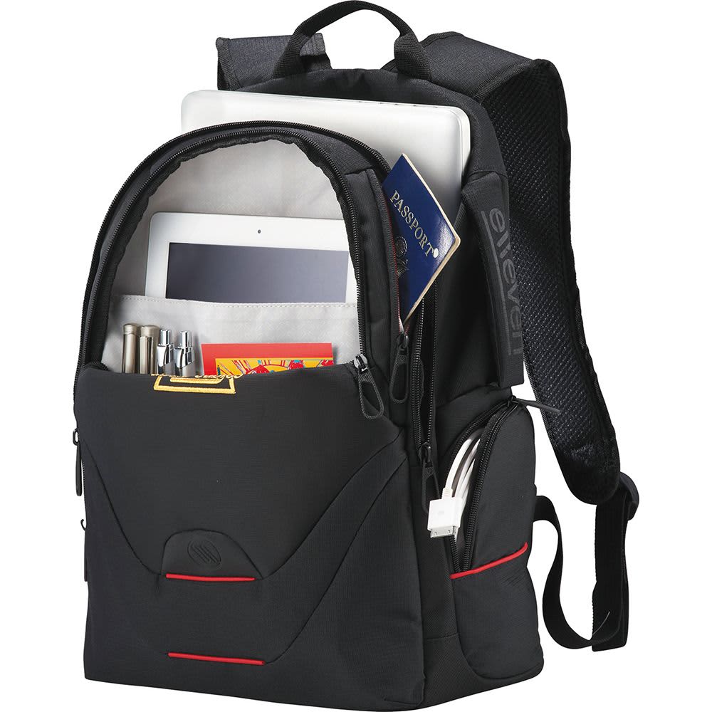 A black Elleven Motion Compu Backpack with multiple compartments and a branded logo. Features padded shoulder straps.