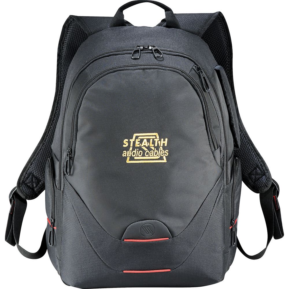 A black Eleven Motion Compu Backpack with multiple compartments, padded straps, and a logo on the front.