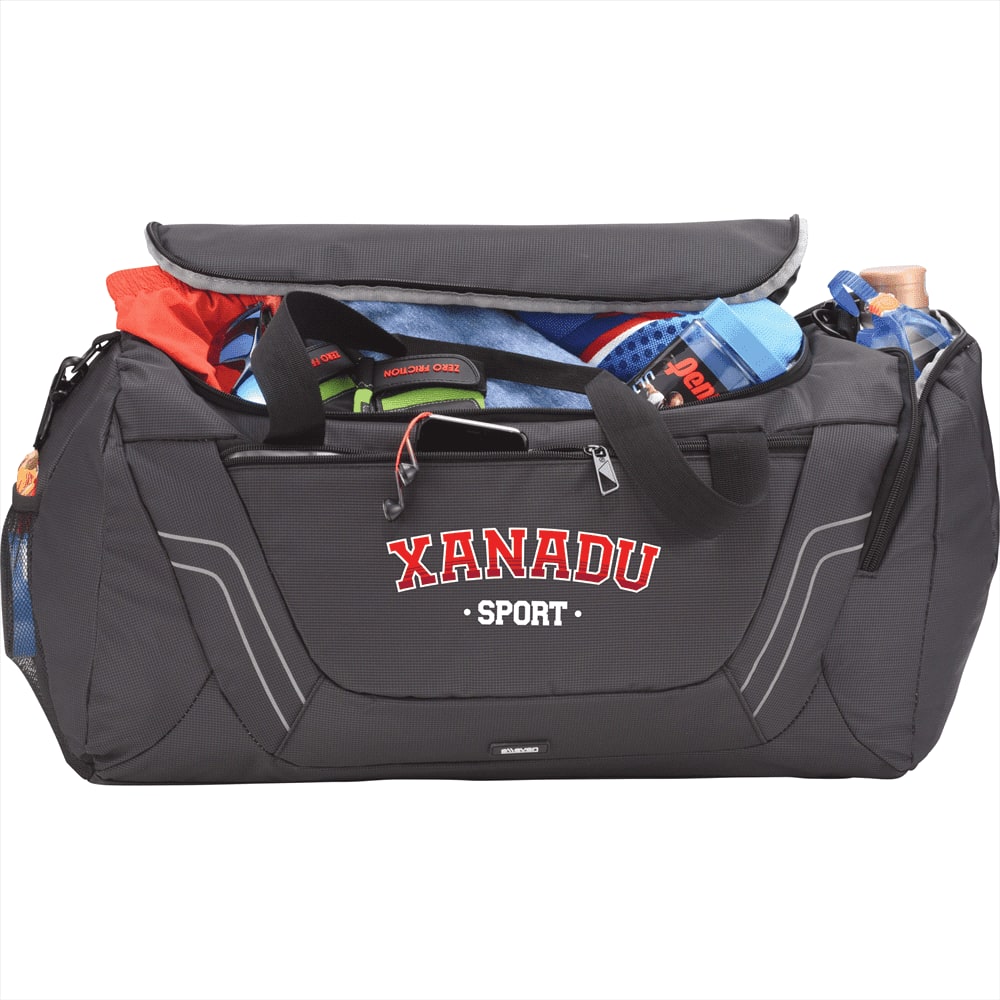 A black duffel bag with multiple compartments, featuring various sports equipment and a logo on the front.
